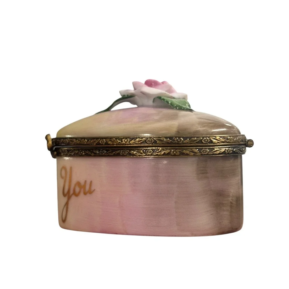 La Gloriette Limoges France Heart Trinket Box I Love You Hand Painted 3D Rose - Picture 4 of 9